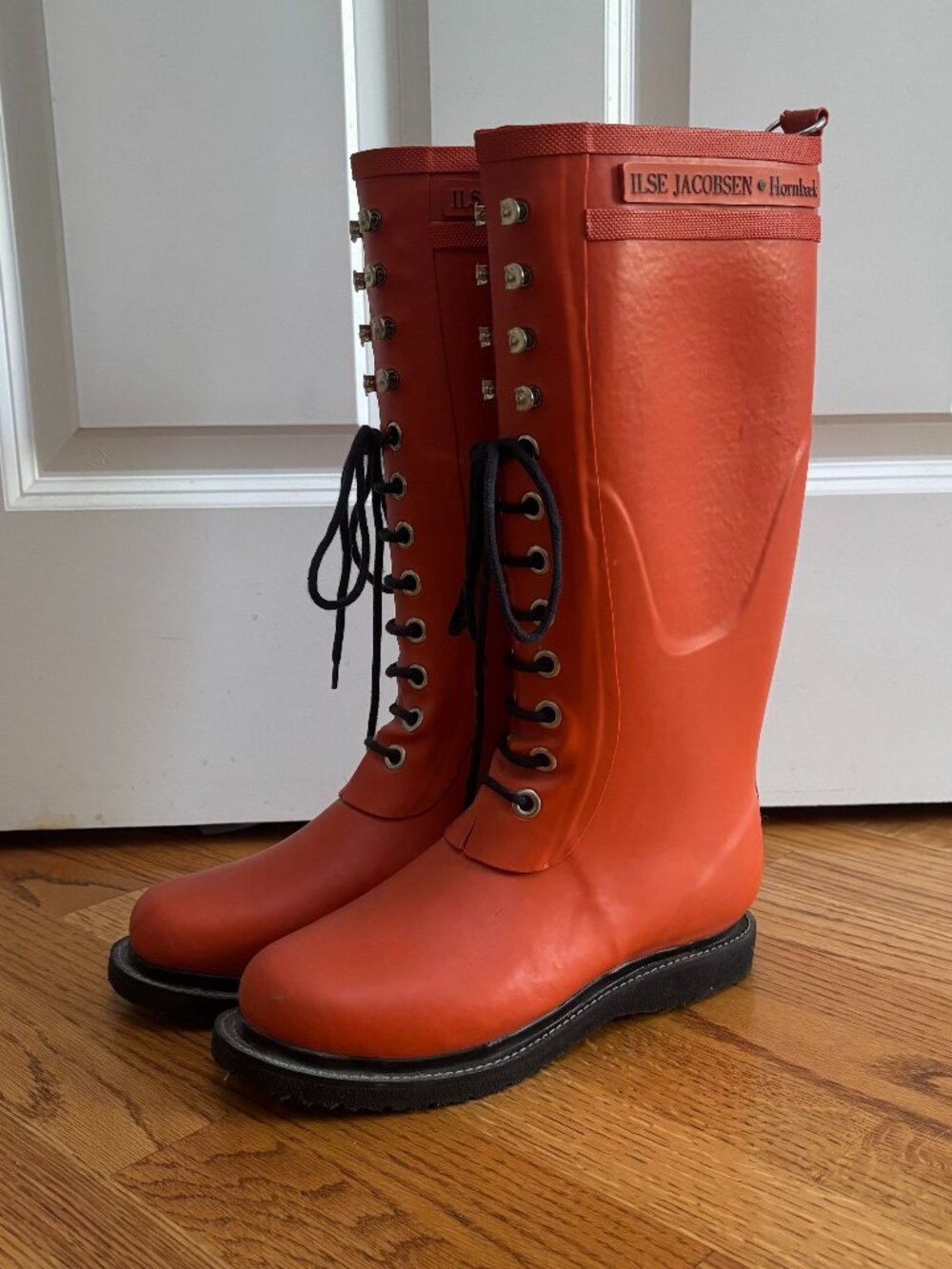 Handmade Lace-Up Tall Red Orange Rubber Rain Boots Size 39 | Isle Jacobsen